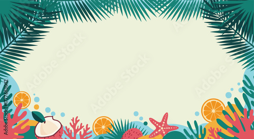 Cheerful tropical border design showcasing exotic fruits marine life and lush foliage perfect for a summer theme event or vacation