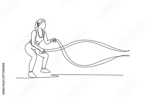 Continuous one line drawing woman intensely performing battle rope slams in low squat stance, explosive power and demanding cardio fitness workout. Single line draw design vector graphic illustration
