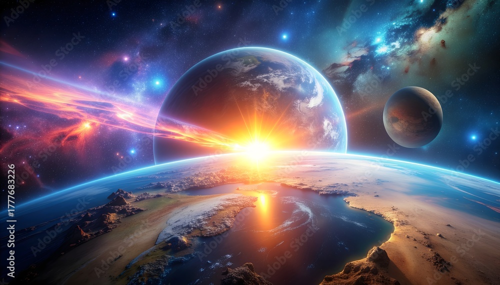 Obraz premium Cosmic Sunrise View of Earth and Planets Space Landscape