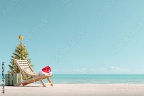 A chaise longue on the beach with a Santa Claus hat is a business concept for holidays abroad and traveling during the Christmas holiday holidays.