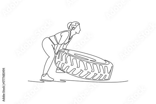 Single continuous line drawing woman is intensely squatting low to lift a heavy tire from the ground, illustrating functional training and raw power. One line draw graphic design vector illustration