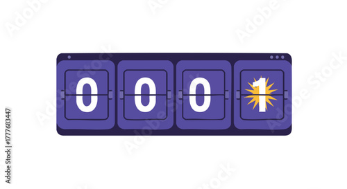 Minimalist flat design illustration of a purple digital counter displaying the number 0001 with an exciting starburst graphic