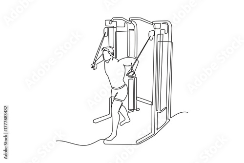 Single continuous line drawing young man is performing cable crossover exercise on cable machine, focused chest strength and dynamic fitness workout. One line draw graphic design vector illustration