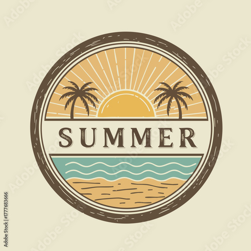 Retro beach badge design featuring a vibrant summer sun, swaying palm trees, and peaceful ocean waters illustration
