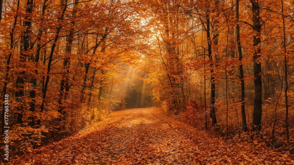 Fototapeta premium A scenic autumn forest path covered in fallen orange leaves with sunlight streaming through the trees