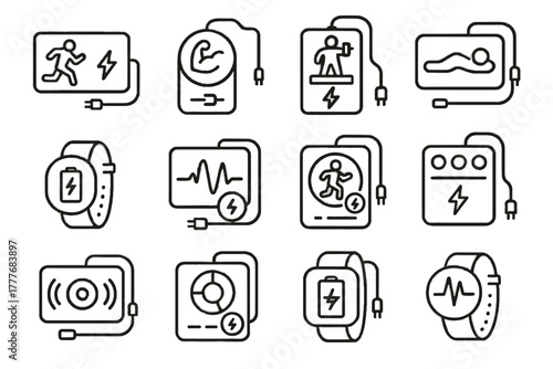 Mat activity battery energy icon booster vector fitness hub exercise pad charger