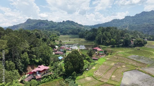 Aerial view of rice terraces near Rantepao, Tana Toraja, Indonesia, with lush greenery, water-filled paddies, and scattered rocks.	