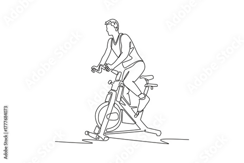 Single one line drawing young man is cycling with strong, upright posture on stationary bike, focused cardio endurance and steady gym workout. Continuous line draw design graphic vector illustration