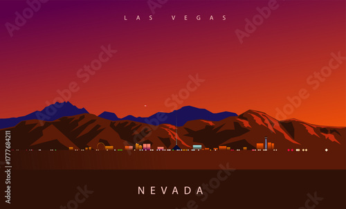 Las Vegas skyline from a distance at sunset, Nevada, USA. Symbolic illustration of the iconic American city