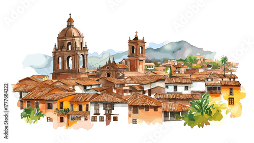 Cusco Historic Center. Cusco Historic Center hand drawn watercolor illustration