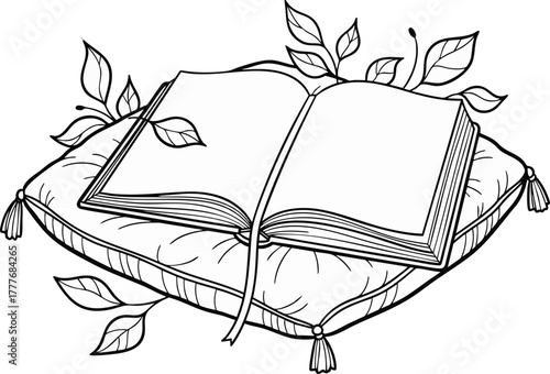 Outline drawing of an open antique book resting on a plush, tasseled cushion, adorned with delicate foliage for a literary or magical theme