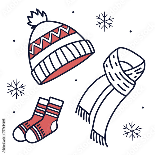 A cozy winter set featuring a hat, scarf, and socks, perfect for staying warm and stylish during the cold season, with snowflakes adding a festive touch