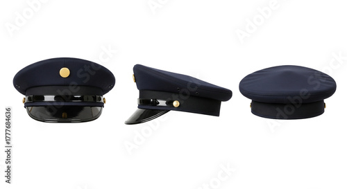 Dark blue police or pilot peaked cap in three views for professional authority and uniform set
