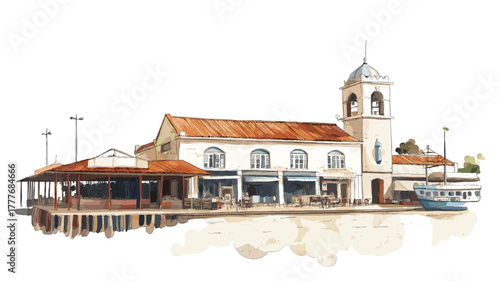 Mercado del Puerto. Mercado del Puerto hand drawn watercolor illustration