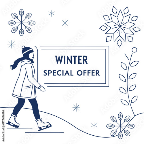 A delightful line art illustration depicts a girl ice skating amidst snowflakes, framed by winter foliage, advertising a special offer with a clean, modern design
