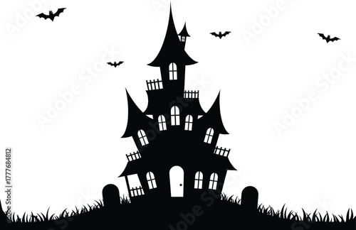 Haunted house silhouette illustration, spooky Halloween scene, bats flying, graveyard elements, creepy tower design, eerie vector art, scary night theme