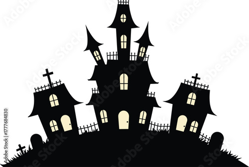 Haunted house silhouette illustration, spooky Halloween scene, glowing windows, graveyard elements, creepy building design, eerie vector art, horror night theme