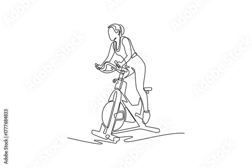 Single one line drawing woman is intensely cycling on stationary bike, bent forward over handlebars, cardio endurance and dynamic gym workout. Continuous line draw design graphic vector illustration