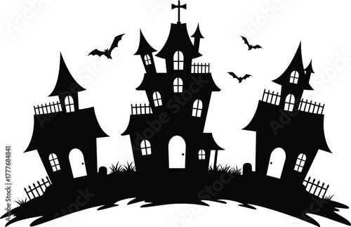 Haunted house silhouette illustration, spooky Halloween scene, crooked rooftops, flying bats, graveyard elements, eerie vector art, horror night theme, cartoon style