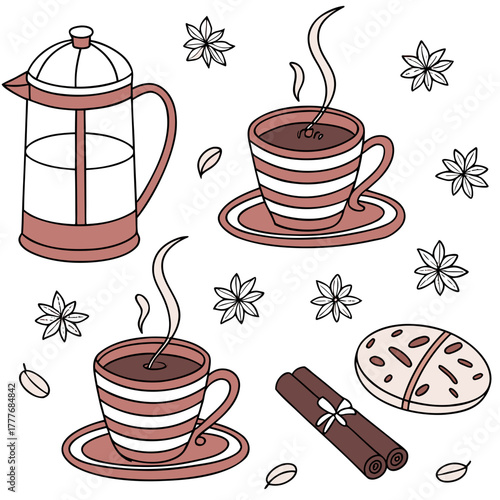 Cozy coffee time illustration with coffee pot, cup, cookie, cinnamon, and star anise perfect for a warm and inviting atmosphere