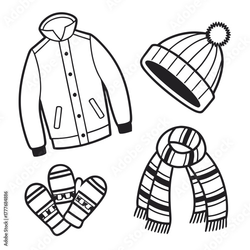 A cozy collection of winter essentials, including a warm jacket, a knitted hat with a pompom, a striped scarf, and a pair of mittens, all depicted in a simple black and white outline style