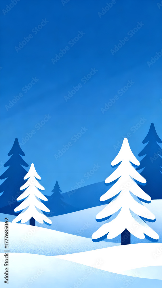 Obraz premium A picturesque winter landscape featuring stylized snowy pine trees under a blue sky, perfect for serene wallpapers.