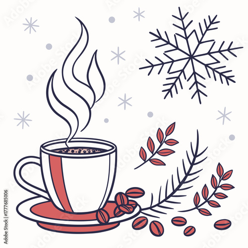 A delightful winter illustration featuring a steaming cup of coffee, snowflakes, coffee beans, and festive branches, perfect for cozy holiday vibes