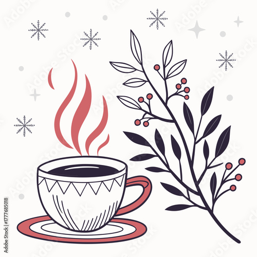 A charming winter illustration showcasing a steaming cup of coffee, snowflakes, and a festive branch, ideal for creating a warm and inviting holiday atmosphere