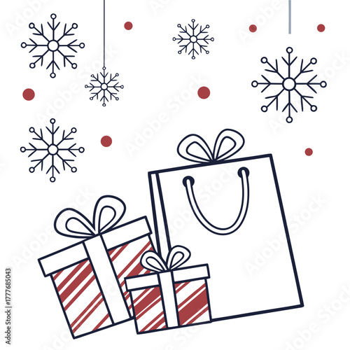 Illustration of a shopping bag and two gift boxes with snowflakes and dots falling from above, , perfect for holiday shopping promotions and designs