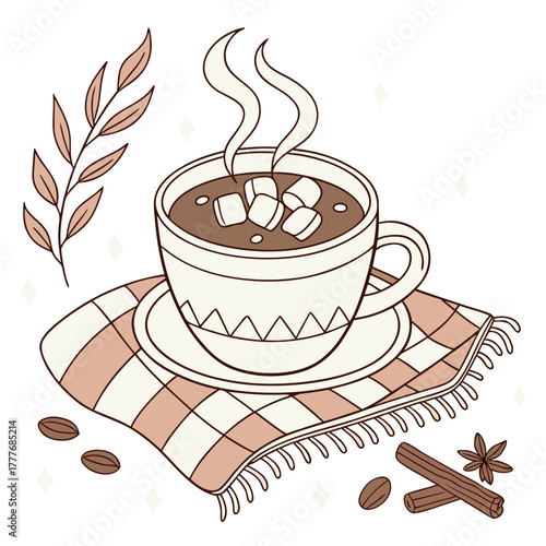A cup of hot chocolate with marshmallows cozy winter illustration with cinnamon sticks, coffee beans, and a warm drink on a checkered napkin