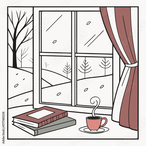 Charming winter illustration showcasing a window with a snowy outdoor view, a steaming cup of coffee, books, and a curtain, creating a cozy and inviting atmosphere