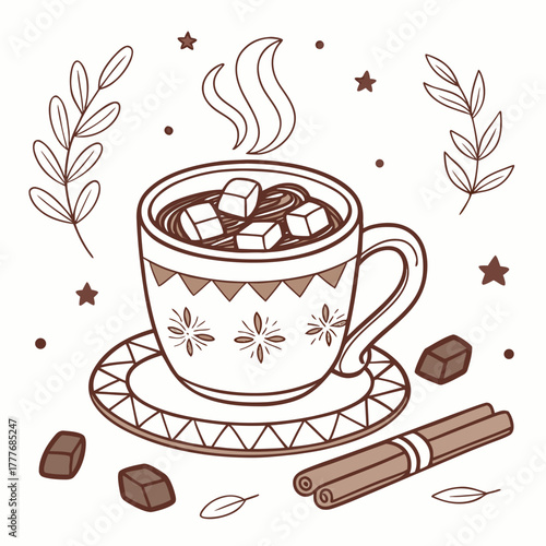 Cozy hot chocolate with marshmallows a cup of cocoa with marshmallows, cinnamon sticks, chocolate pieces, and leaves perfect for a warm winter treat