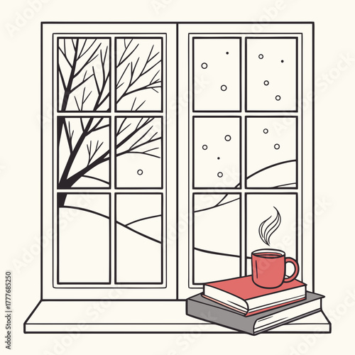 Cozy winter scene illustration featuring a window view of a snowy landscape, a steaming cup of coffee, and a stack of books on the windowsill