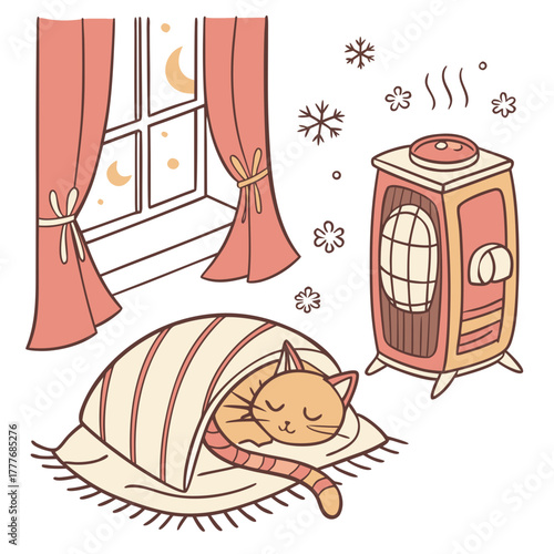 A cozy winter scene depicts a ginger cat sleeping soundly under a striped blanket near a window with a crescent moon and snowflakes, with a vintage heater radiating warmth