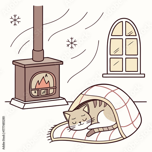 A cozy scene depicts a cat sleeping peacefully under a blanket near a warm fireplace, with snowflakes falling outside the window, creating a serene and inviting winter atmosphere