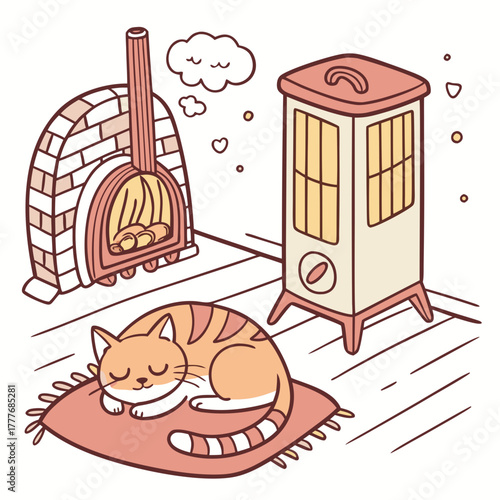 A charming winter scene depicts a ginger cat dozing on a cushion near a brick fireplace and a vintage heater, with dream bubbles and hearts floating above