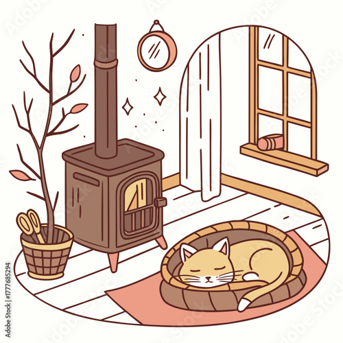 A charming scene shows a cat napping in its bed near a cozy fireplace, with a plant and a mirror adding to the homey atmosphere, creating a warm and inviting interior