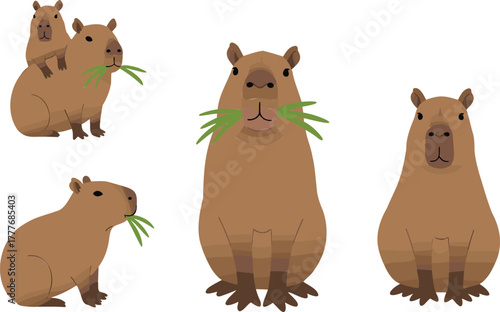 Capybara cartoon illustration, cute animal vector, sitting pose, eating grass, wildlife character, adorable rodent art, nature themed drawing