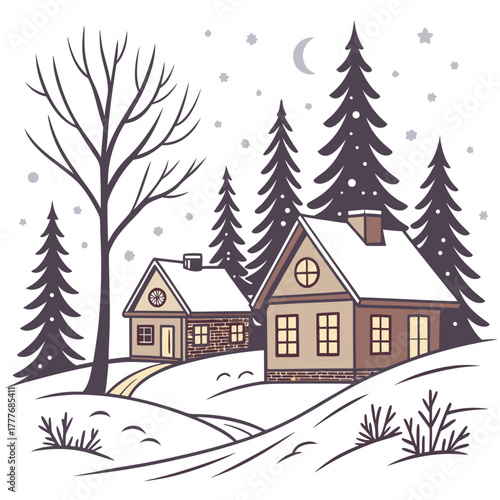A serene winter landscape showcases two inviting houses nestled among snowladen hills, framed by majestic pine trees under a starry, moonlit sky