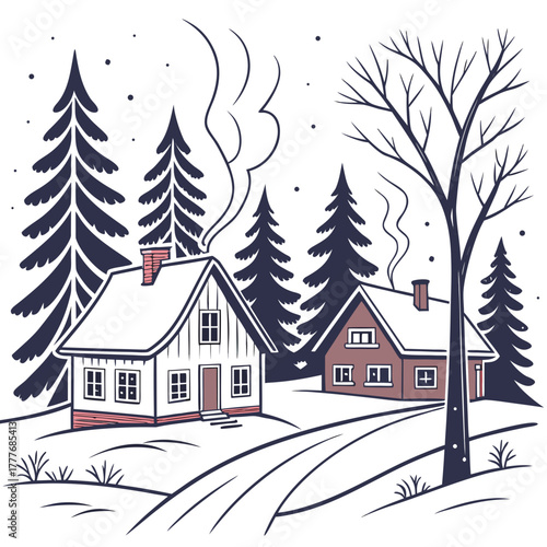 A picturesque winter landscape featuring two charming houses nestled amidst snowcovered hills, framed by towering pine trees and bare trees, smoke curling from the chimneys