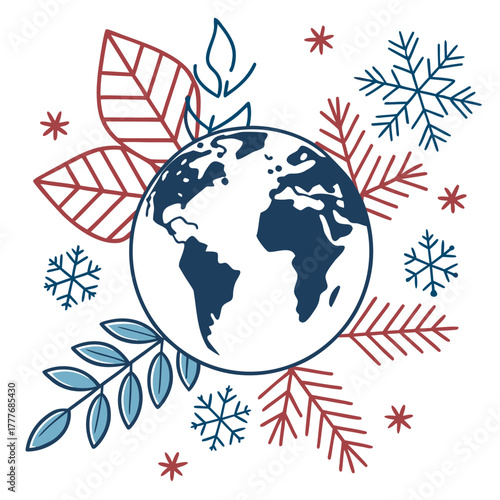 Illustration of the earth surrounded by leaves and snowflakes, symbolizing the changing seasons and the importance of environmental awareness