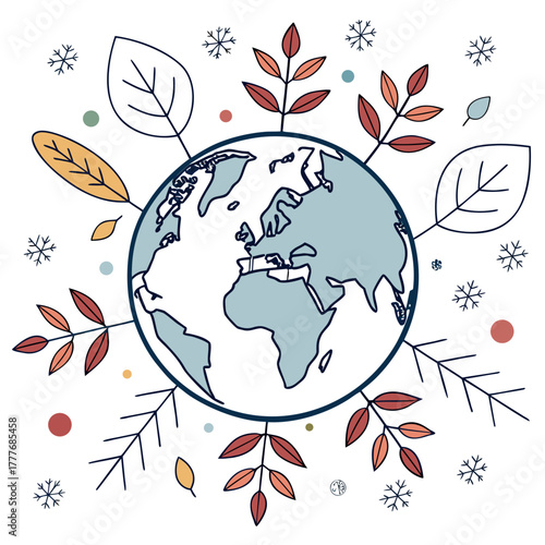 Illustration of the earth surrounded by leaves and snowflakes, a symbol of the changing seasons and the interconnectedness of nature