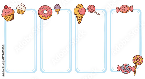 Whimsical collection of sweet treat borders and empty frames featuring cupcakes donuts ice cream and lollipops