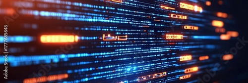 futuristic digital data stream with neon blue and orange highlights in cyber network environment