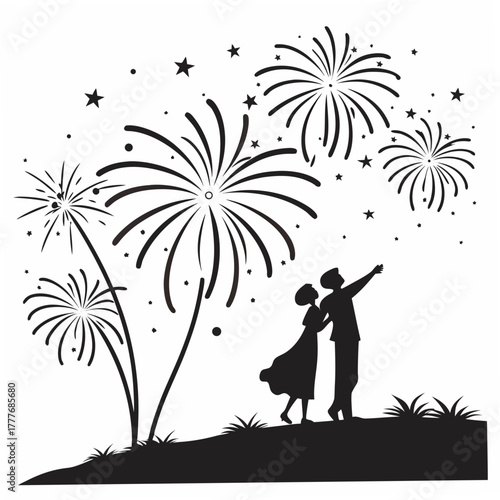 A couple watches fireworks on a hill, silhouetted against the night sky, stars twinkling above, creating a romantic and celebratory atmosphere