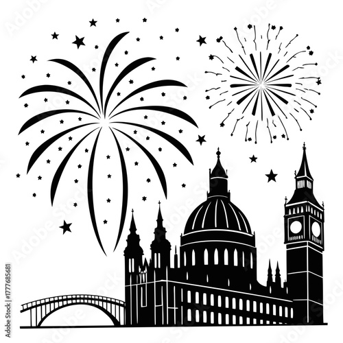 Fireworks over london, a silhouette of the city skyline with celebratory fireworks, perfect for events or patriotic themes