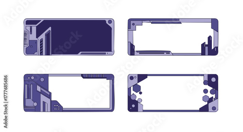 Collection of four abstract digital display frames with futuristic geometric purple and grey accents for modern user interface design