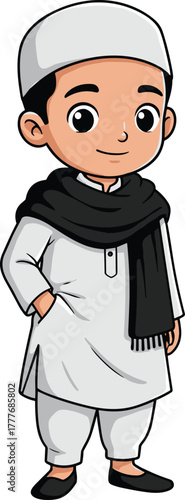 Traditional boy, white kurta, black scarf, cultural attire, cartoon character, smiling child, ethnic fashion, festive outfit, heritage style, educational illustration