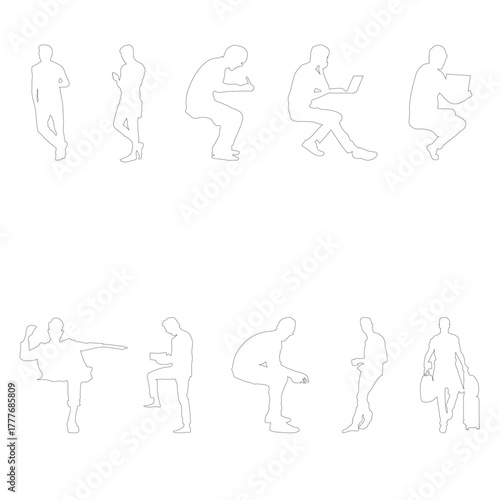 Set of 10 minimalist male figures - standing, sitting, leaning, and relaxed poses. Each silhouette captures a natural human rhythm that enhances spatial balance and visual harmony.