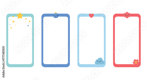 Adorable collection of four cheerful frames with various cute cartoon embellishments perfect for youthful designs and digital projects